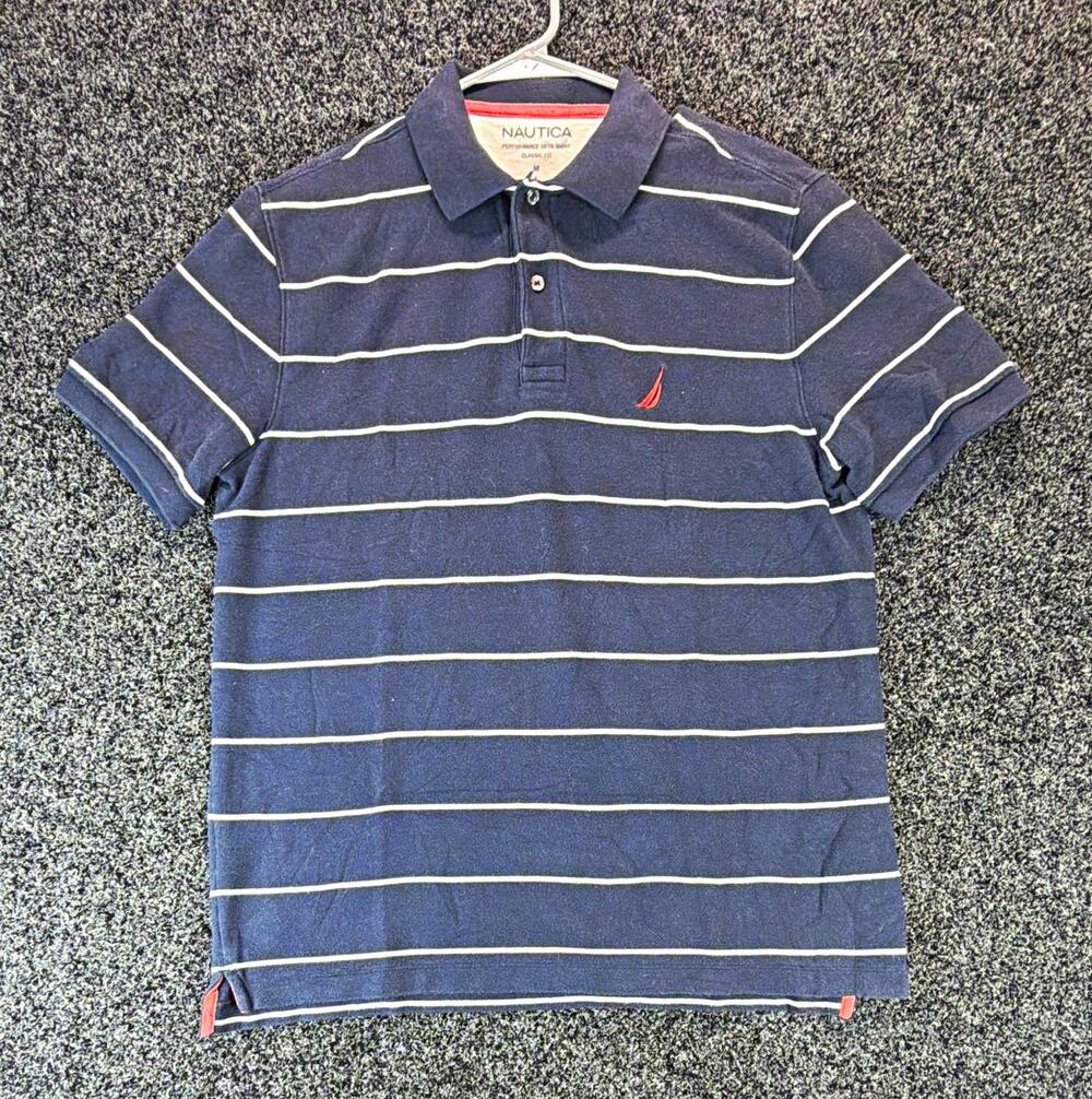 Nautica Polo Shirt Men's M Blue/White Short Sleeve Collared Striped Logo Knit